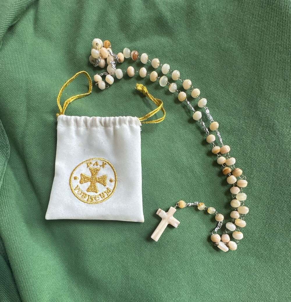 Natural Mother of Pearl Bead Catholic Rosary with White Cross and Pouch